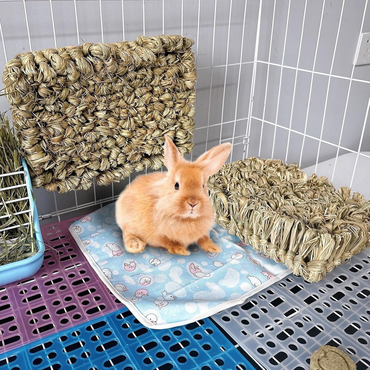 Hamiledyi Rabbit Grass Bed 2PCS Guinea Pig Hay Mat Bunny Natural Straw Woven Bed Rabbit Handmade