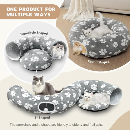 Cat Tunnel for Indoor Cats, Cute Peekaboo Cave with Dangling Balls, Pet Donut Tunnel Bed with