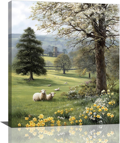 Country Sheep Canvas Wall Decor Farmhouse Rustic Lamb Wildflower Wall Art Nature Countryside