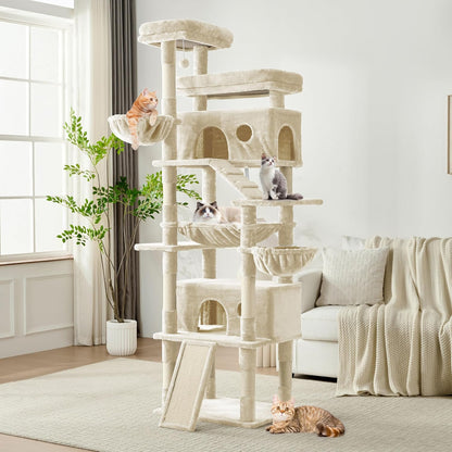 Cat Tree, 80-Inch Large Cat Tower with 9 Scratching Posts, 2 Perches, 2 Caves, 2 Basket, 2 Stairs