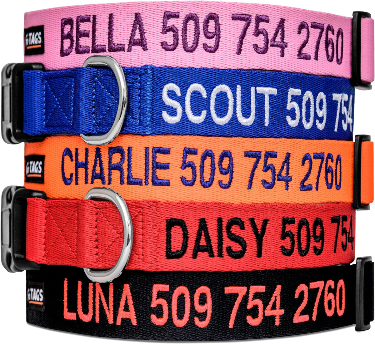 GoTags Personalized Dog Collar, Custom Embroidered with Pet Name and Phone Number in Blue, Black