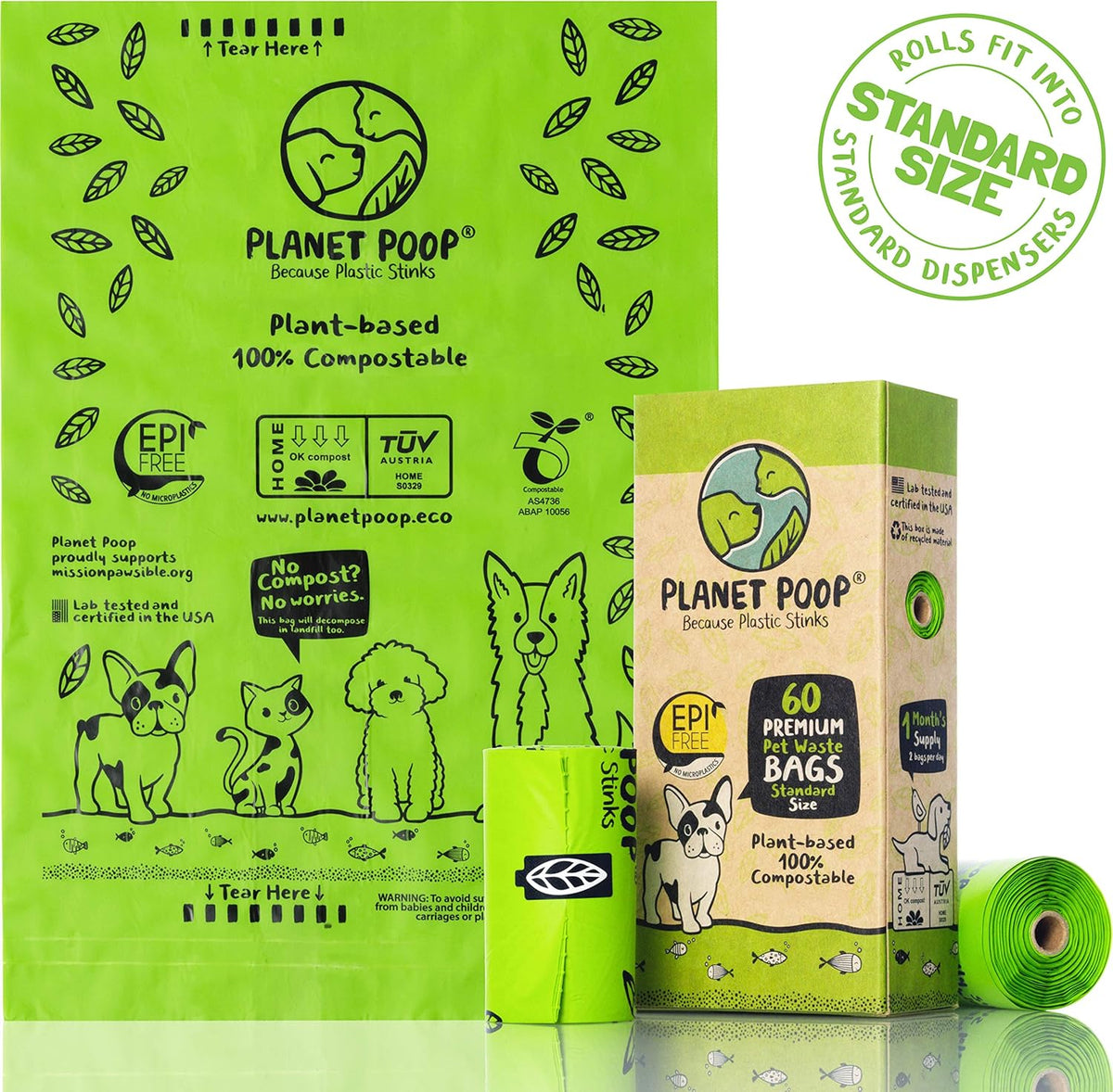 PLANET POOP Home Compostable Dog Poop Bags on Refill Rolls, 60 Un-Scented Pet Waste Bags, Thick