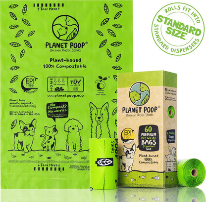 PLANET POOP Home Compostable Dog Poop Bags on Refill Rolls, 60 Un-Scented Pet Waste Bags, Thick