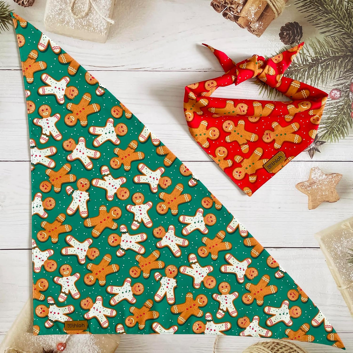Christmas Dog Bandanas - 2 Pack Reversible Gingerbread Man Dog Scarf for Boy & Girl, Premium