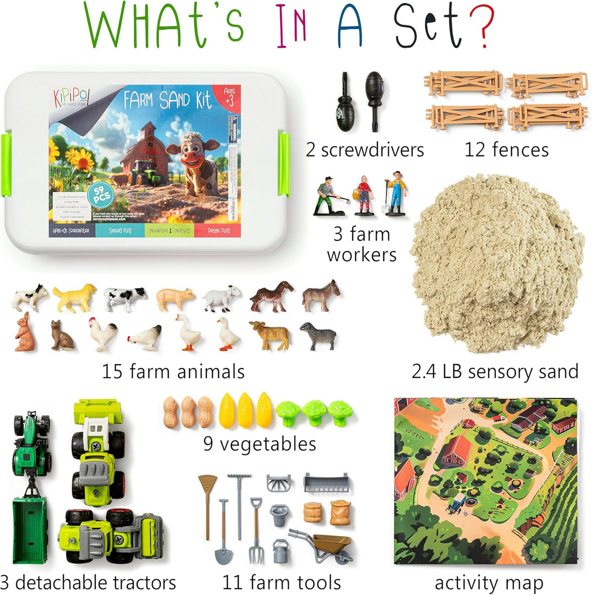 59 PCS Farm Sensory Bin Sandbox with Lid, 2.2 LB Sensory Sand, 40 Toddler Farm Toys, 3 Take Apart