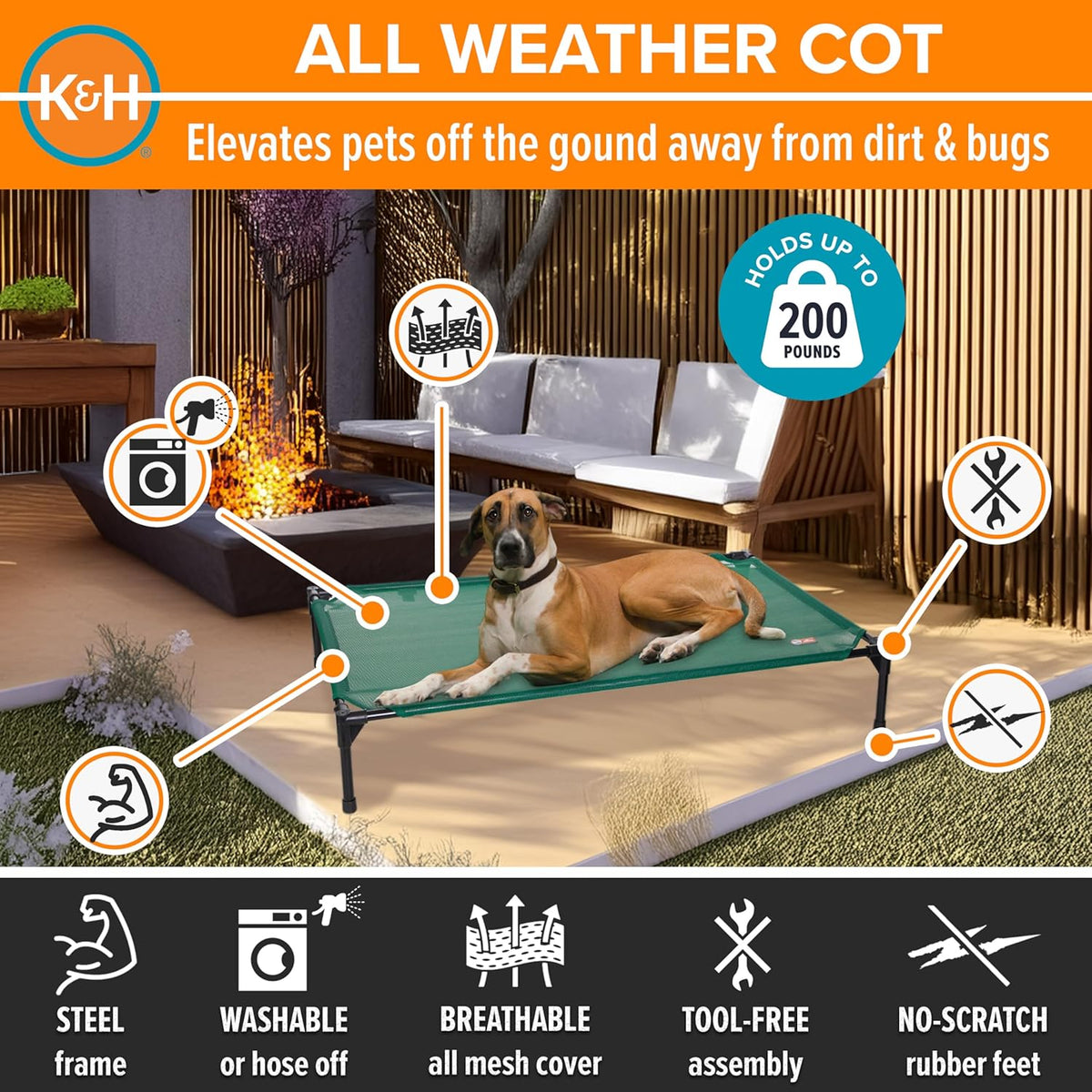 K&H Pet Products Cooling Elevated Dog Bed, Outdoor Raised Cot with Waterproof Breathable Mesh for