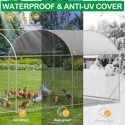 Large Metal Chicken Coop, Walk-in Chicken Run Pen with Waterproof Cover, Dome Roof Poultry Cage for