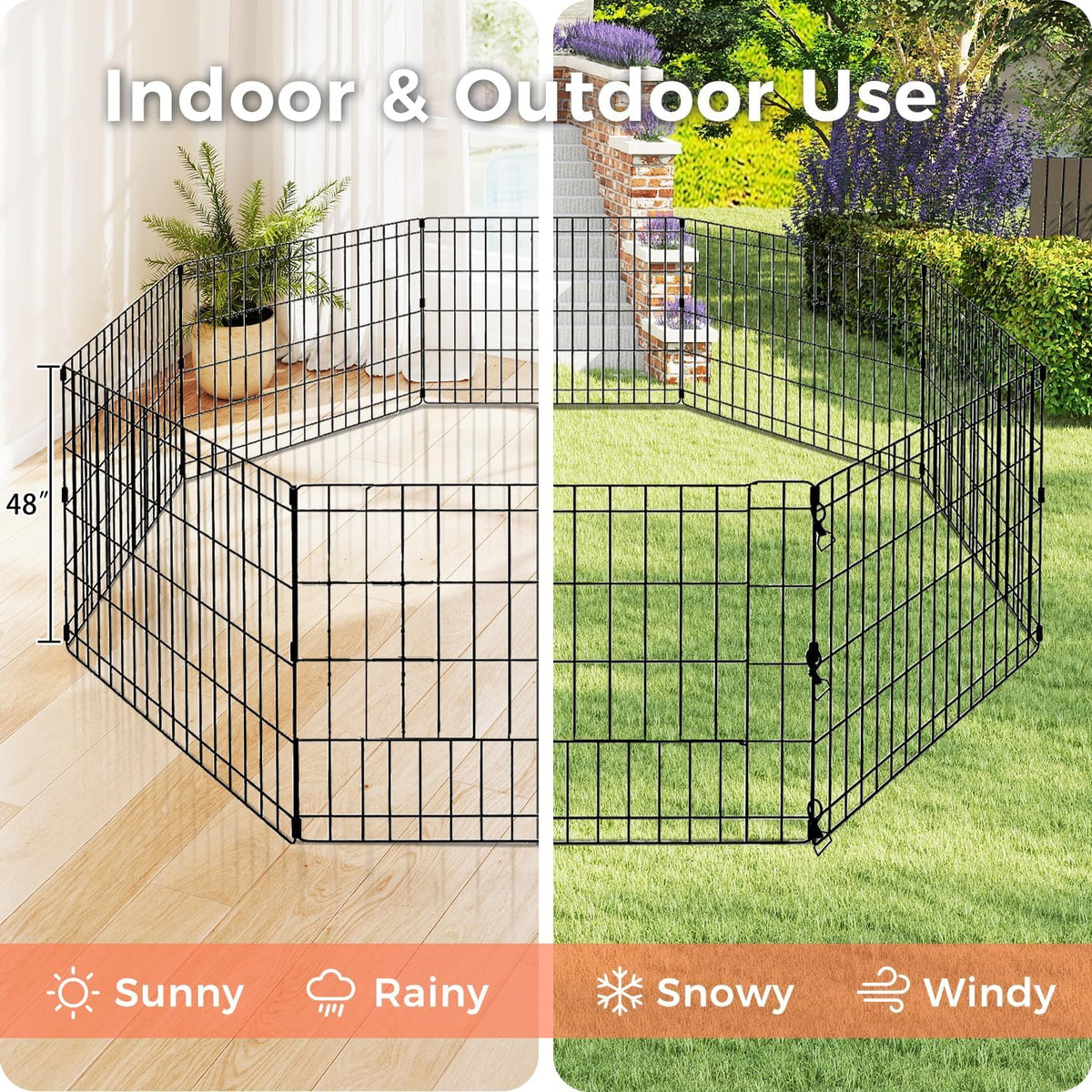 Foldable Dog Playpen 48" Height 8 Panels Metal Exercise Pen No Door - Indoor/Outdoor Dog Play Pen