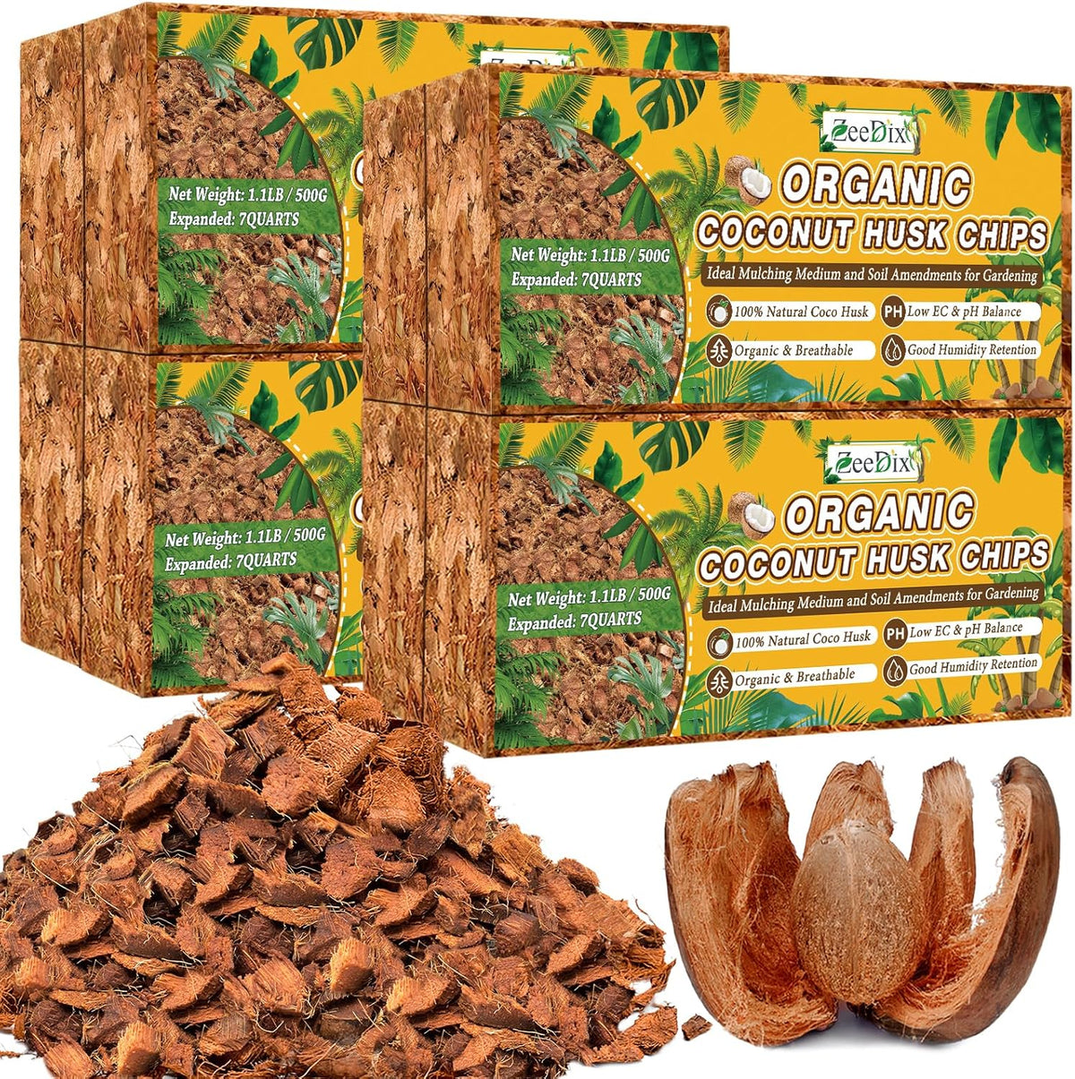 Zeedix 8 Pack Coco Husk Chips for Plants(8.8LB), 100% Organic Coconut Chips Mulch with Low EC & PH
