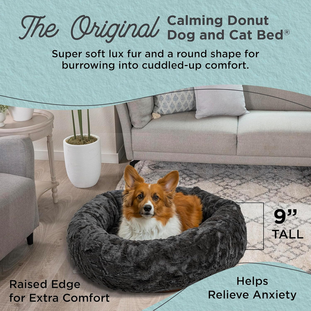 Best Friends by Sheri Original Calming Donut Dog and Cat Bed, Lux Faux Fur, Mink Dark Gray, (30in x