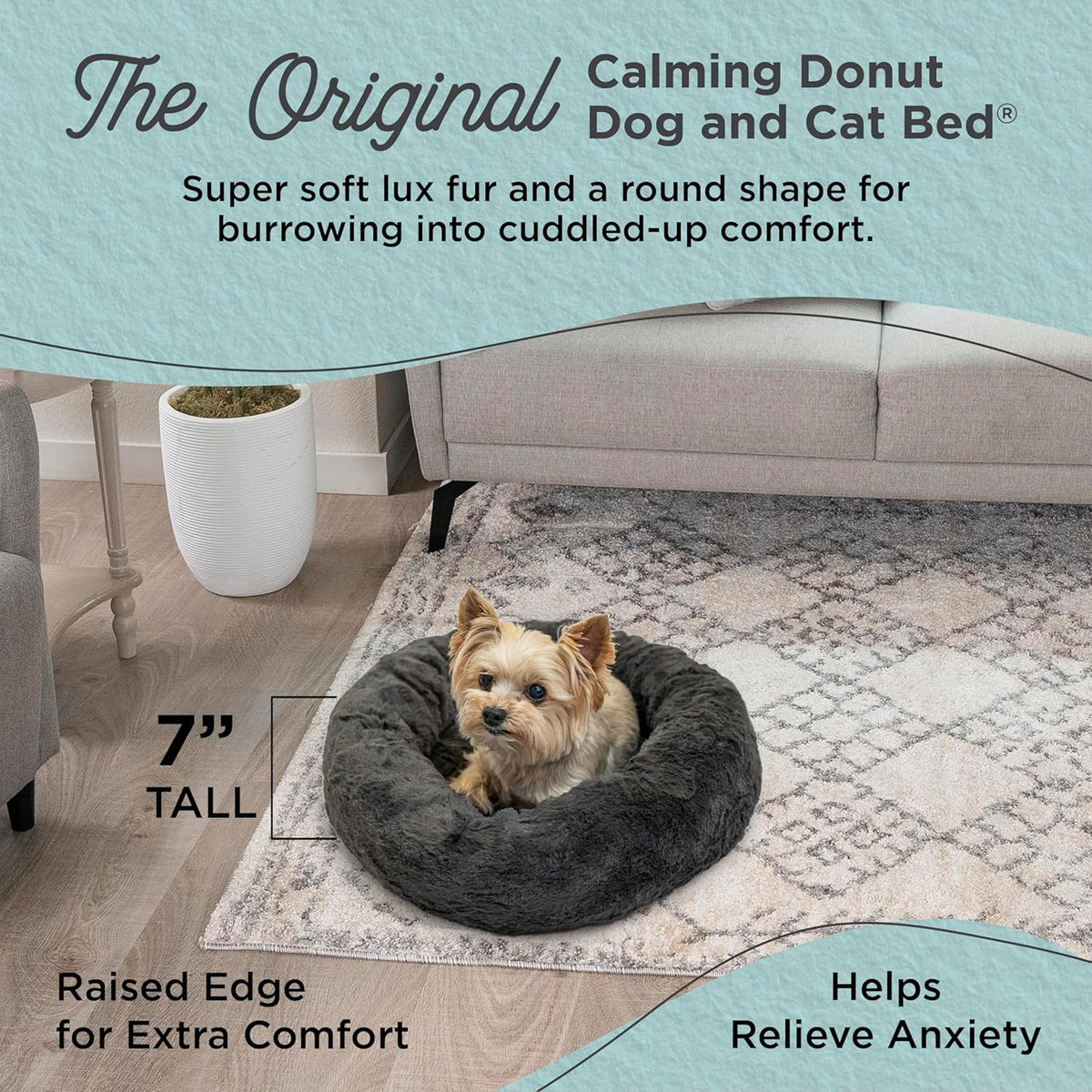 Best Friends by Sheri Original Calming Donut Dog and Cat Bed, Lux Faux Fur, Mink Dark Gray, XS