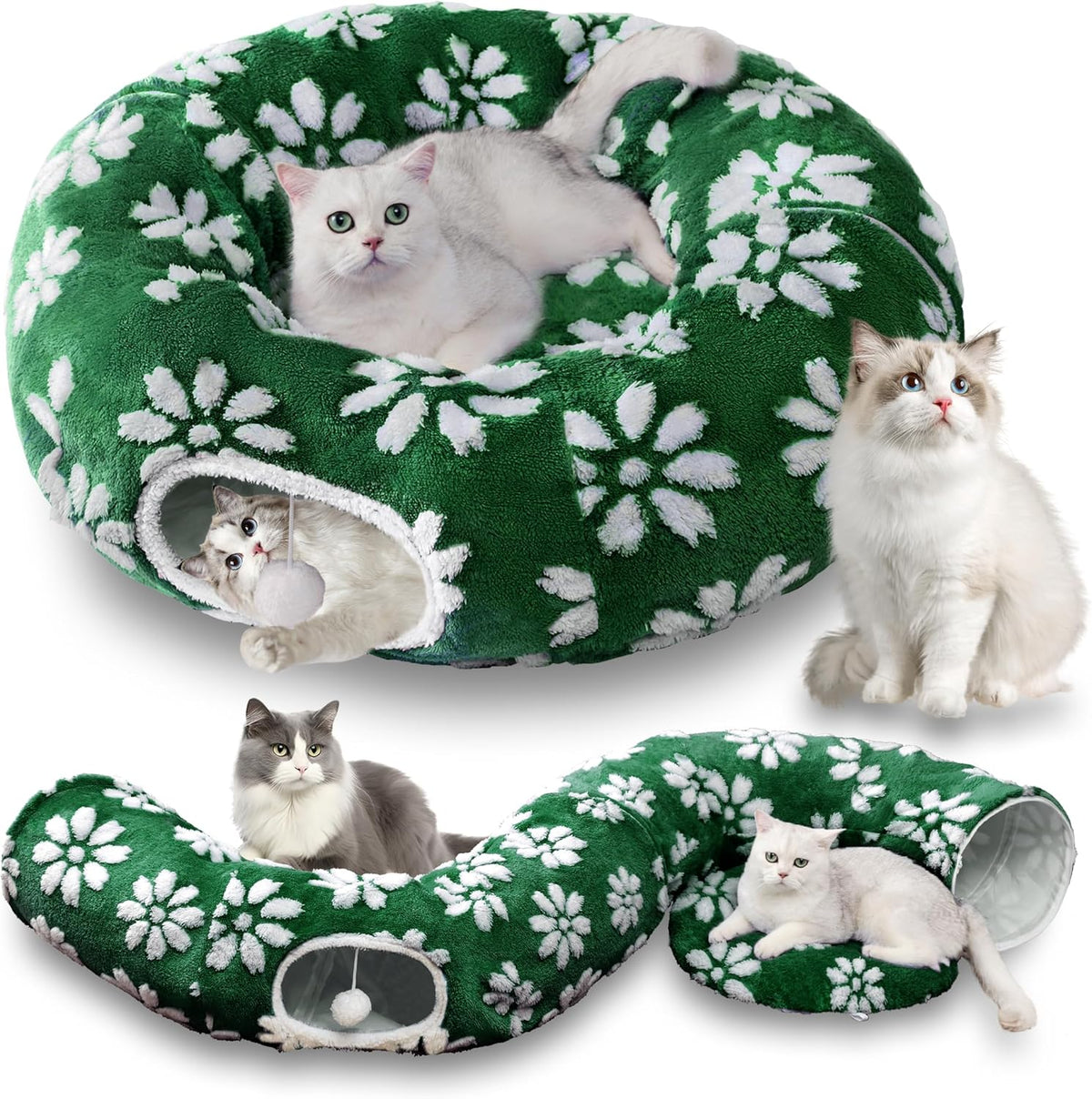 Cat Tunnel for Indoor Cats, Cute Peekaboo Cat Cave with Dangling Balls, Pet Donut Tunnel Bed with