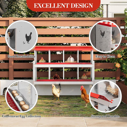 8 Hole Chicken Nesting Box with Roll Out Egg Tray, Rustproof & Ventilated Chicken Laying Boxes for