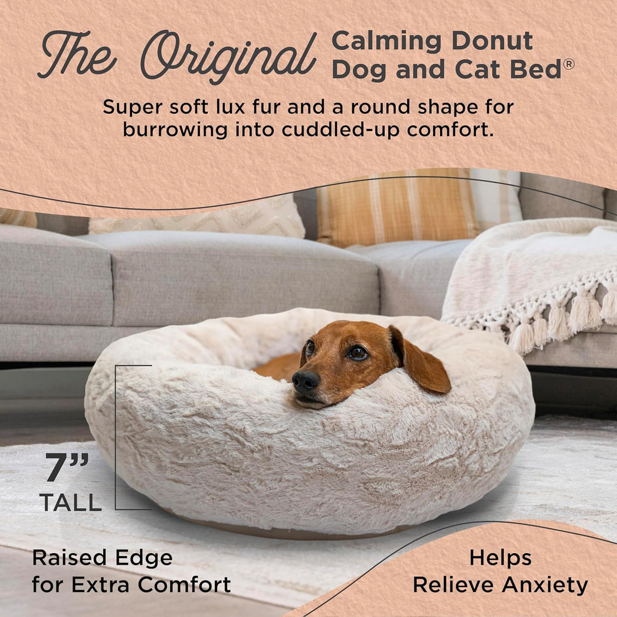 Best Friends by Sheri Original Calming Donut Dog and Cat Bed, Lux Faux Fur, Oyster, (23in x 23in)