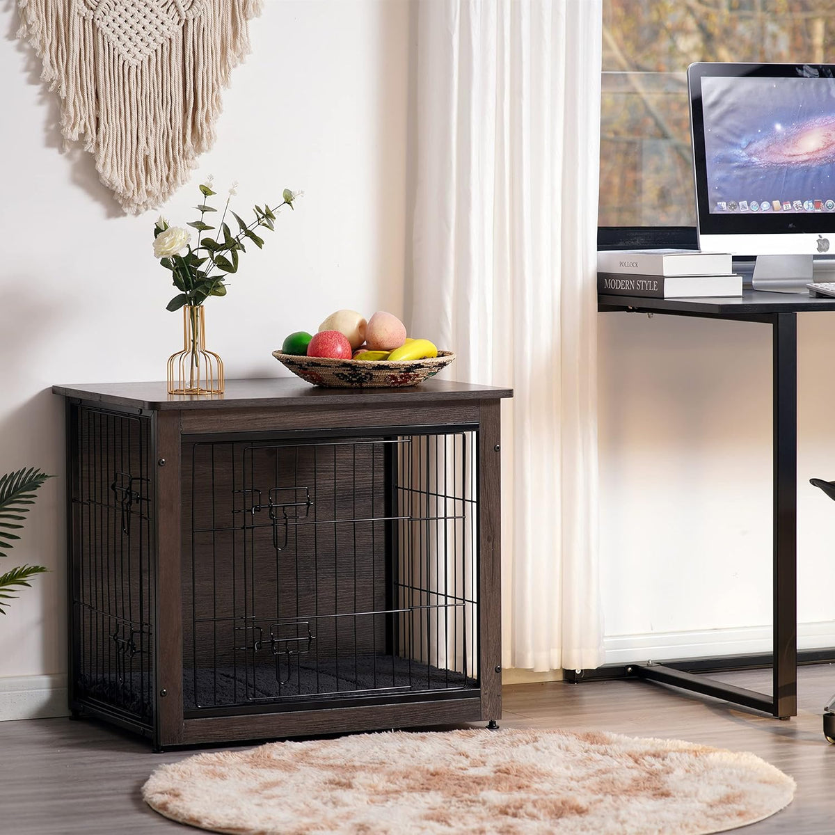 DWANTON Dog Crate Furniture with Cushion, Wooden Kennel Table with Double Doors, Indoor Dog House