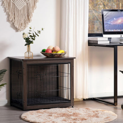 DWANTON Dog Crate Furniture with Cushion, Wooden Kennel Table with Double Doors, Indoor Dog House