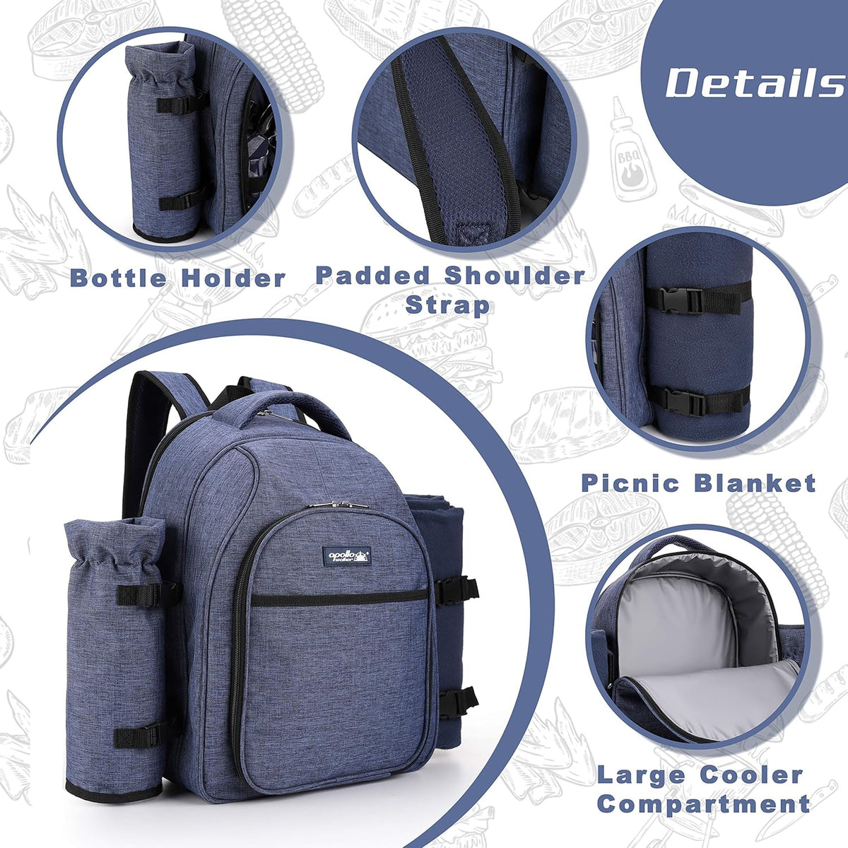 Apollo Walker Picnic Backpack Bag for 2 Person with Cooler Compartment, Detachable Bottle/Wine