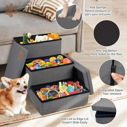 Dog Stairs with Storage 18" H, 3-Step Wider Dog Steps for Small/Medium/Large Old Dogs Cats, Folding