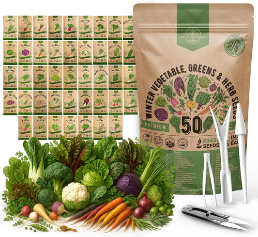 50 Winter Vegetable Garden Seeds Variety Pack - 43,450+ Non-GMO Heirloom Seeds for Outdoors &