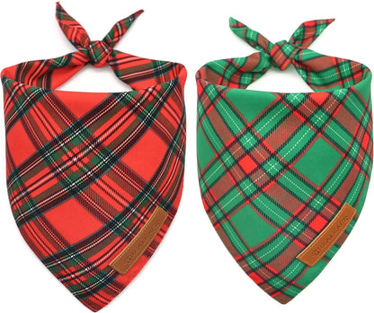 Realeaf Christmas Dog Bandanas 2 Pack, Reversible Red Green Plaid Dog Scarf, Xmas Pet Bandana for