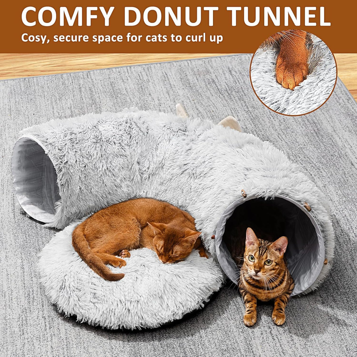 Cat Tunnel with Cat Bed for Indoor Cats, Under Christmas Tree Soft Plush Peekaboo Cat Cave Donut