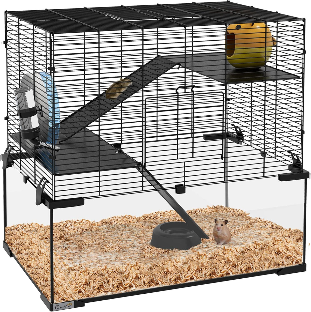 PawHut Large Hamster Cage with Deep Tempered Glass Bottom, 3 Tiers Hamster Tank with Running Wheel