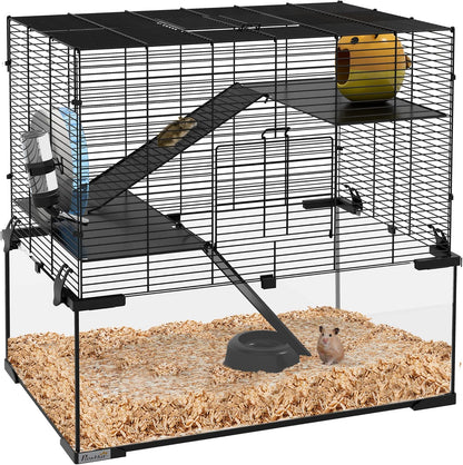 PawHut Large Hamster Cage with Deep Tempered Glass Bottom, 3 Tiers Hamster Tank with Running Wheel