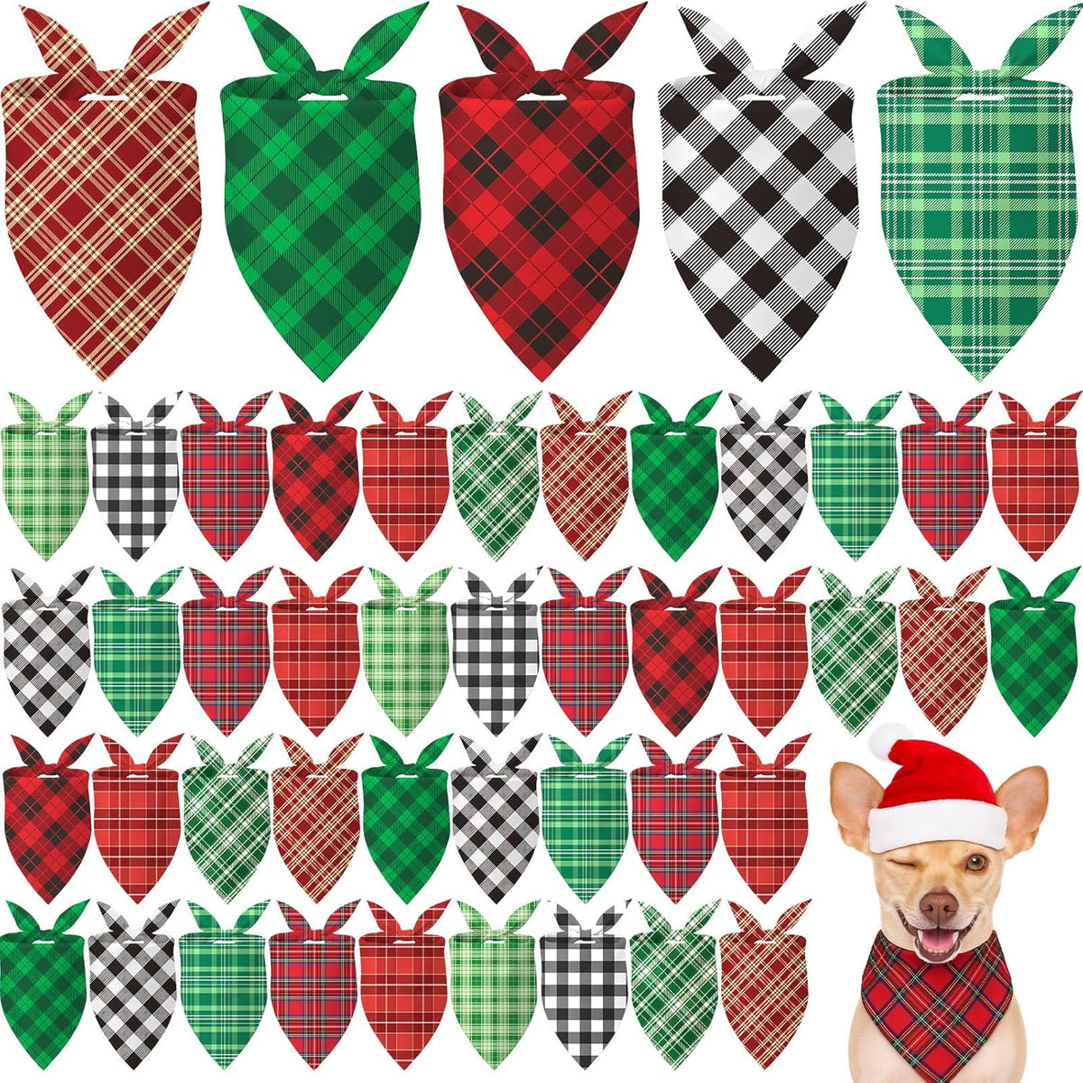 Weewooday 50 Pcs Christmas Dog Bandanas Bulk Xmas Red Green Buffalo Plaid Bandanas for Dogs Soft