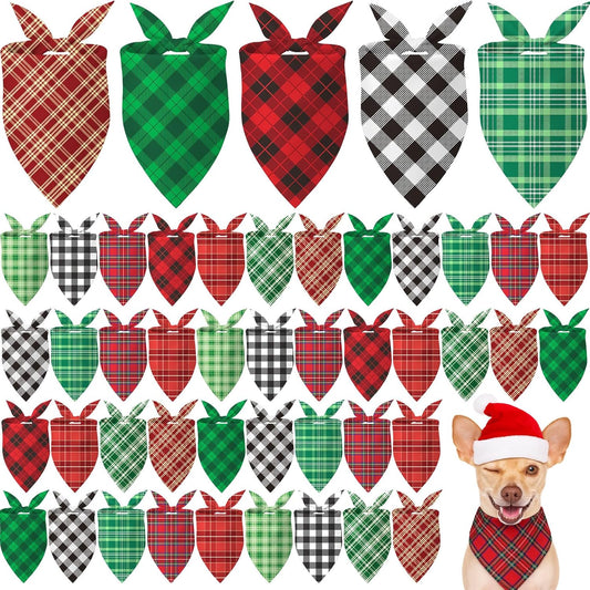 Weewooday 50 Pcs Christmas Dog Bandanas Bulk Xmas Red Green Buffalo Plaid Bandanas for Dogs Soft