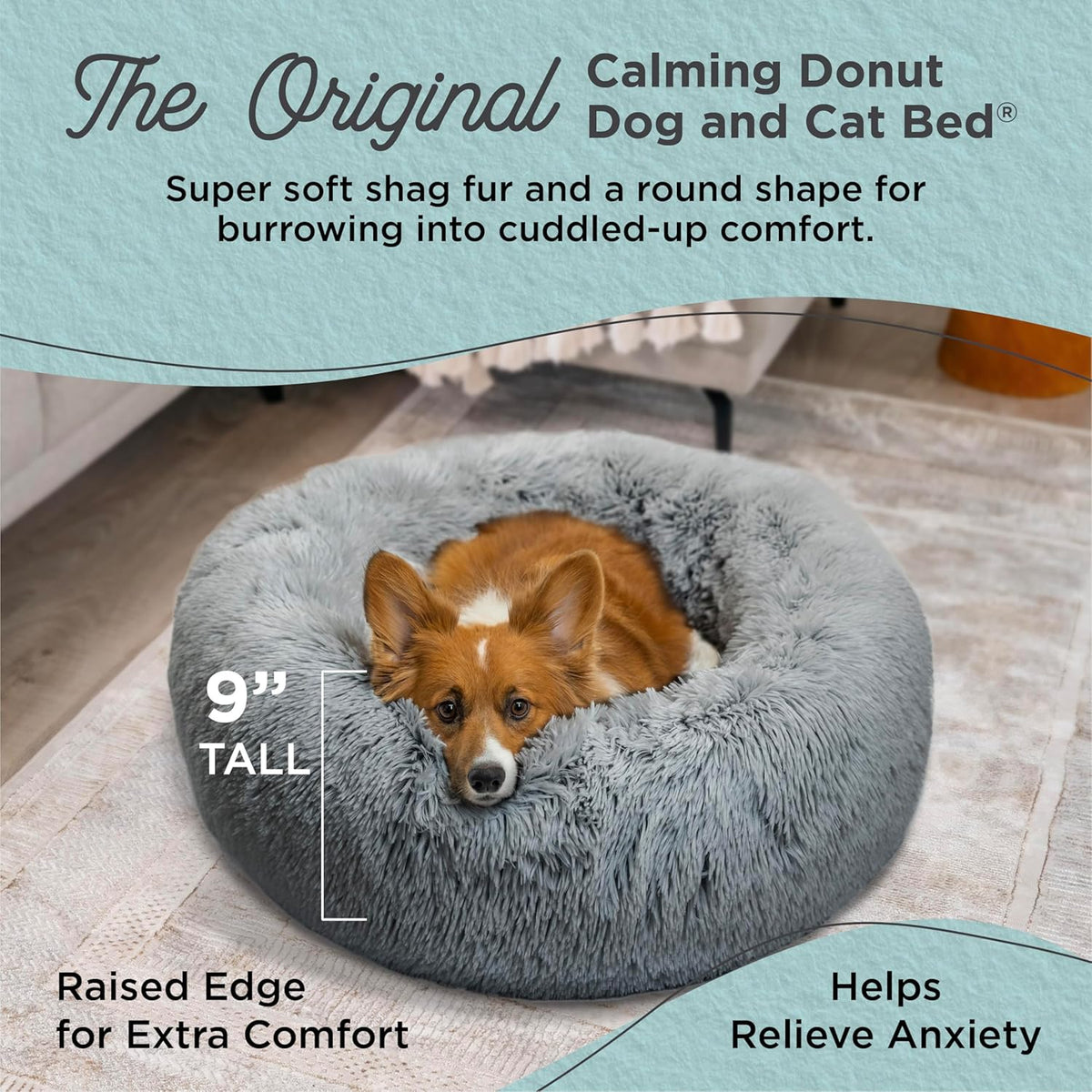 Best Friends by Sheri Original Calming Donut Dog and Cat Bed, Shag Faux Fur, Gray, (30in x 30in)