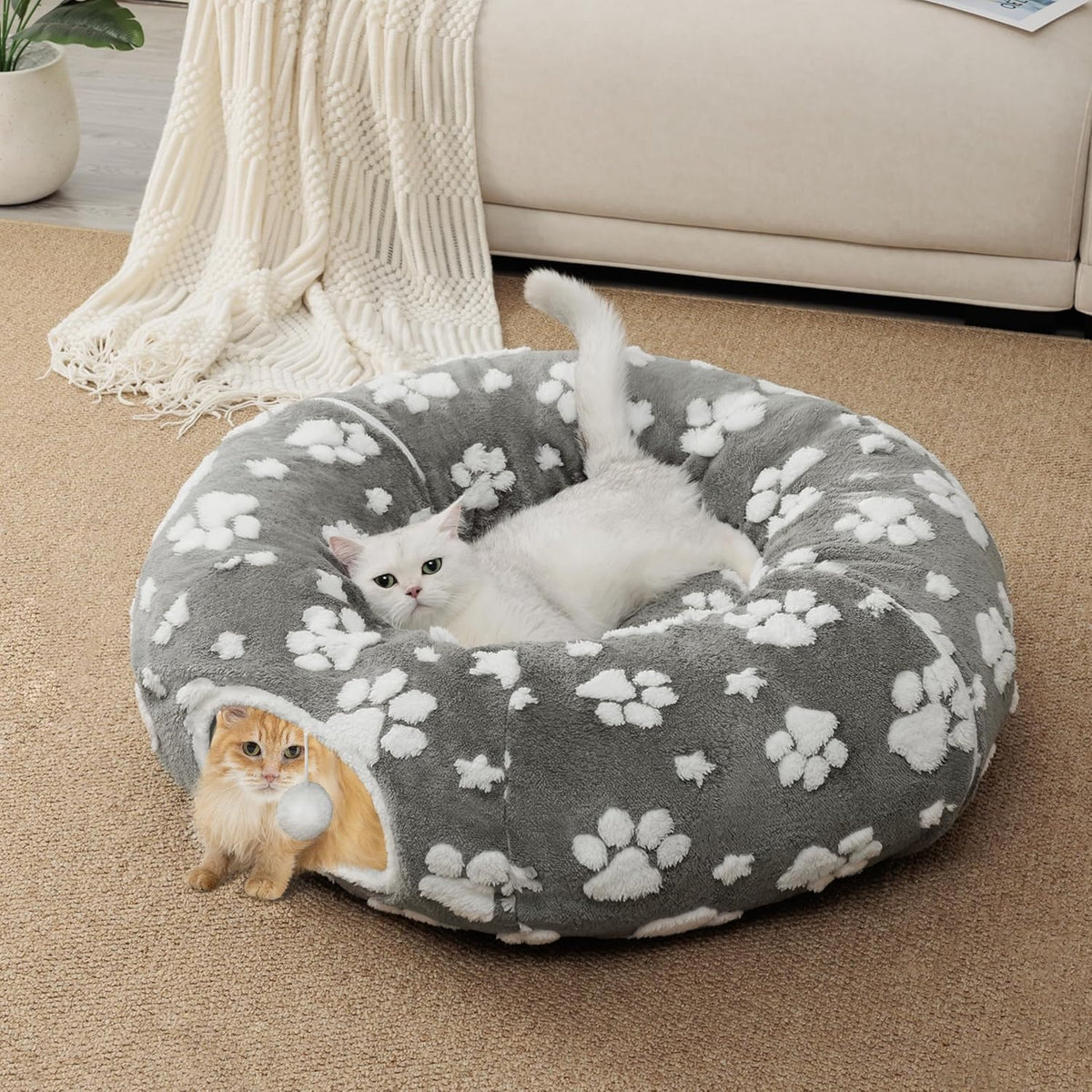 Cat Tunnel for Indoor Cats, Cute Peekaboo Cave with Dangling Balls, Pet Donut Tunnel Bed with