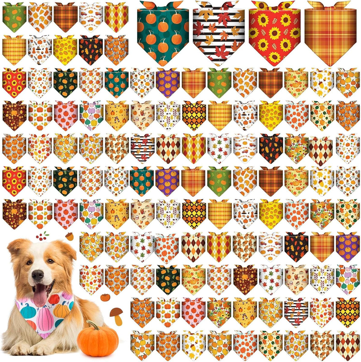 Sanwuta 120 Pcs Fall Thanksgiving Dog Bandanas Bulk, Dog Scarves for Small Medium Large Dogs Cats
