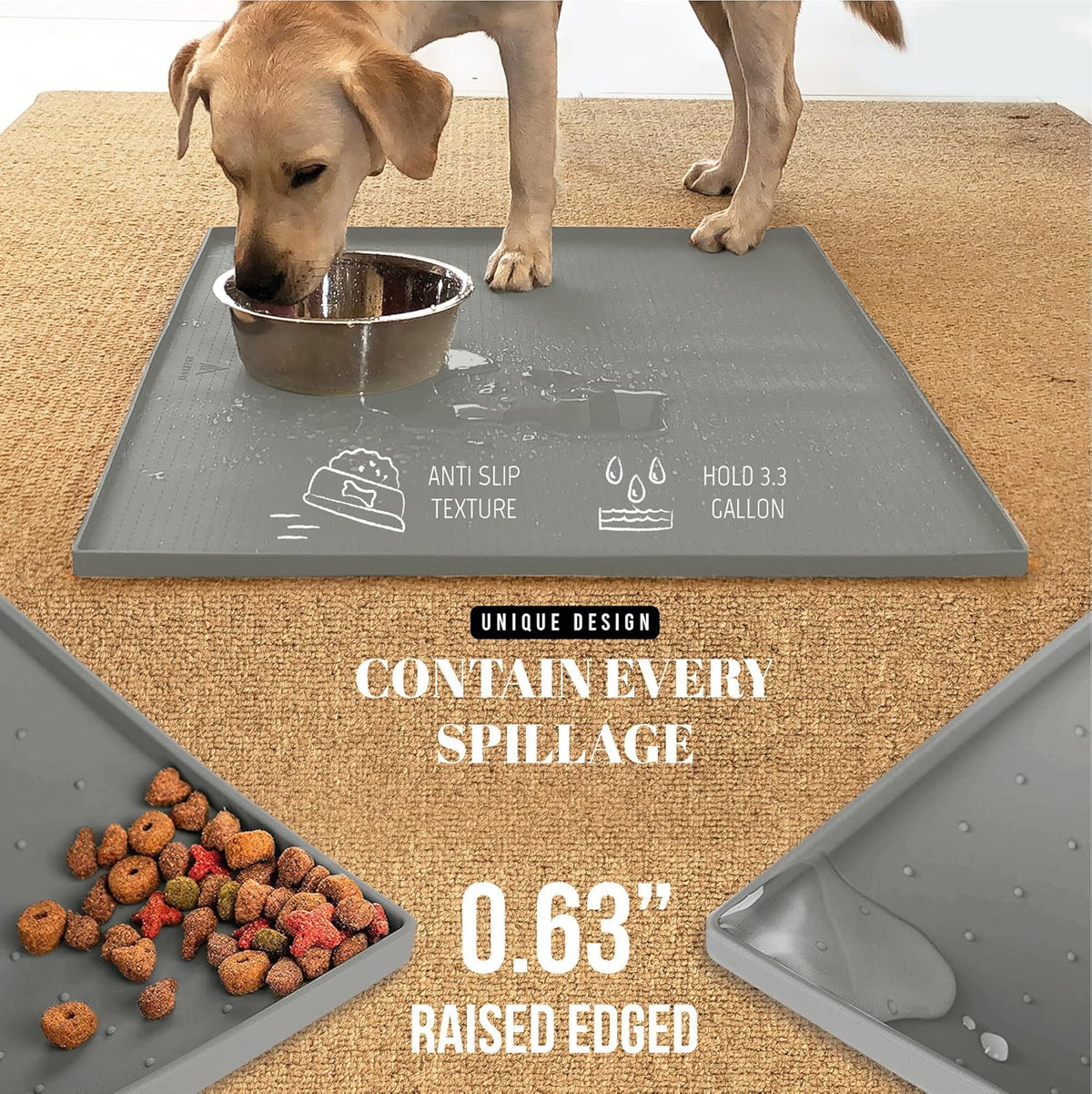 AVERYDAY 32x24'' Silicone Dog Mat for Food and Water, 0.63'' Edge Dog Food Bowl Mats for Floor