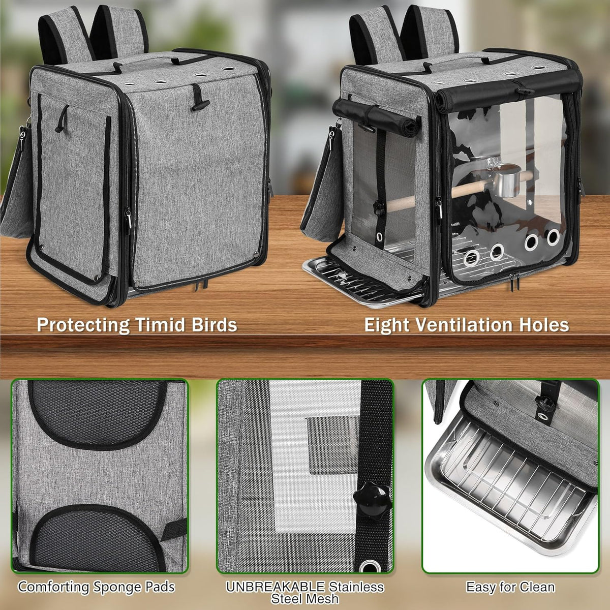 Suertree Bird Carrier with Seat Belt for Car Travel, Bird Backpack Carrier with Indestructible