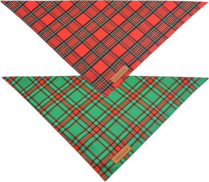 Realeaf Christmas Dog Bandanas 2 Pack, Reversible Red Green Plaid Dog Scarf, Xmas Pet Bandana