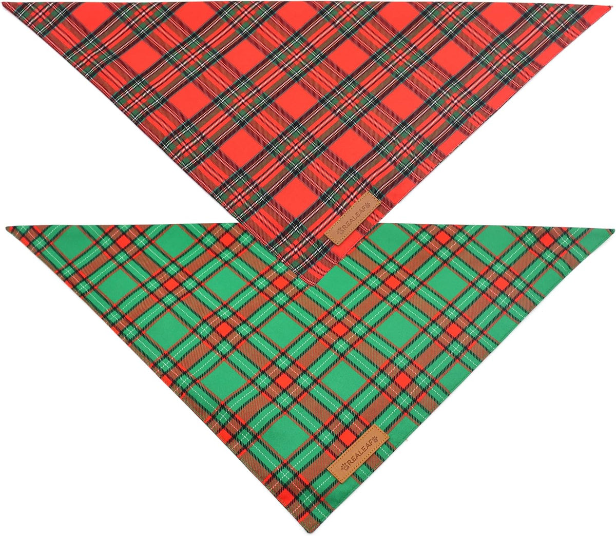 Realeaf Christmas Dog Bandanas 2 Pack, Reversible Red Green Plaid Dog Scarf, Xmas Pet Bandana for
