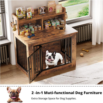 IRONCK Dog Crate Furniture, 33.4 inches Wooden Small Dog Crate with Storage and 4 Hooks, Heavy Duty