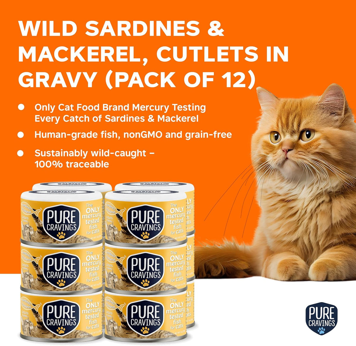 Wet Cat Food Canned Mackerel and Sardine Cutlets in Gravy, Every Catch is Mercury Tested, Moist Can