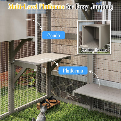 Cat Catio Outdoor Enclosure for Multiple Cats, Large Wooden Walk-in Cat House with Window