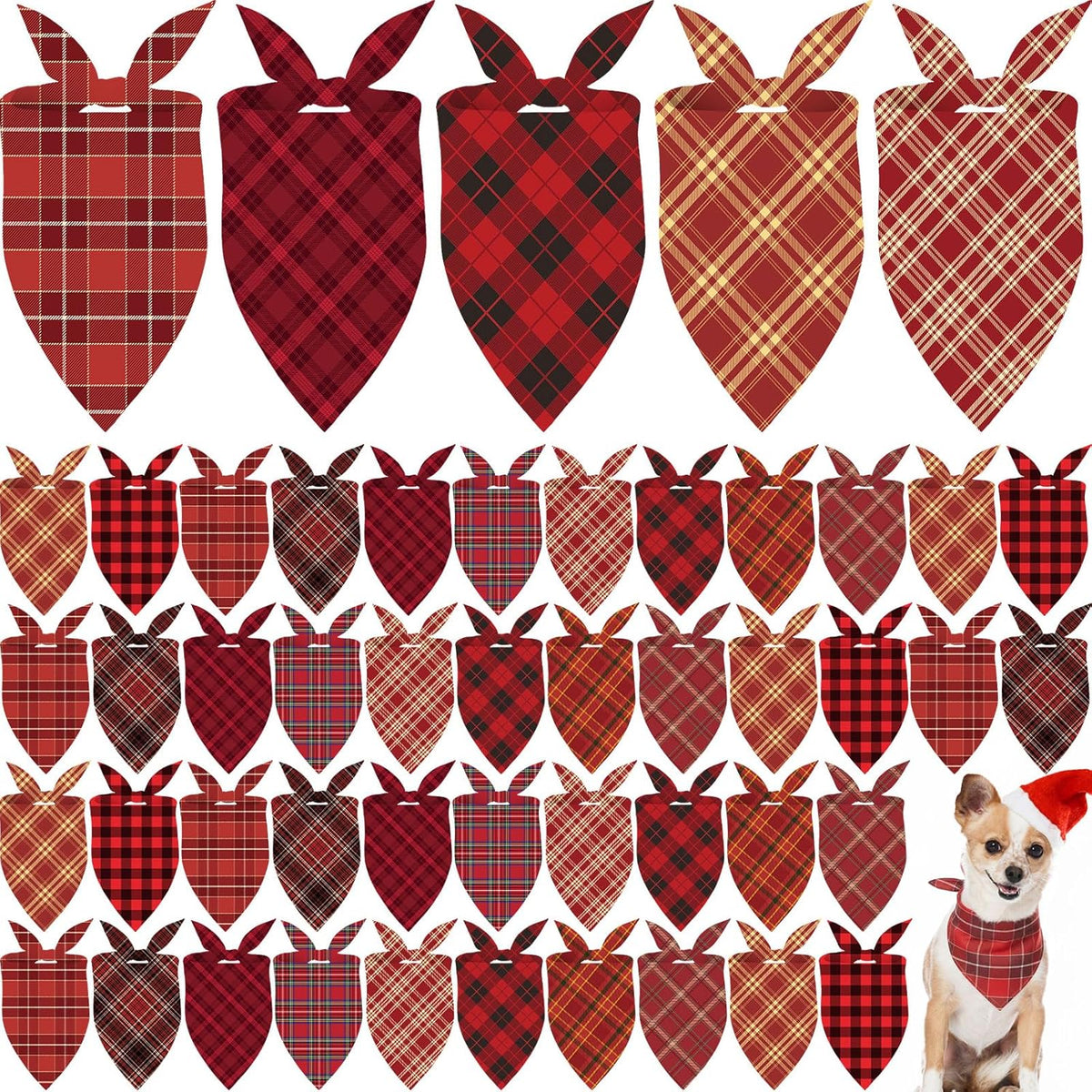 Weewooday 50 Pcs Christmas Dog Bandanas Bulk Xmas Red Buffalo Plaid Bandanas for Dogs Soft Bibs