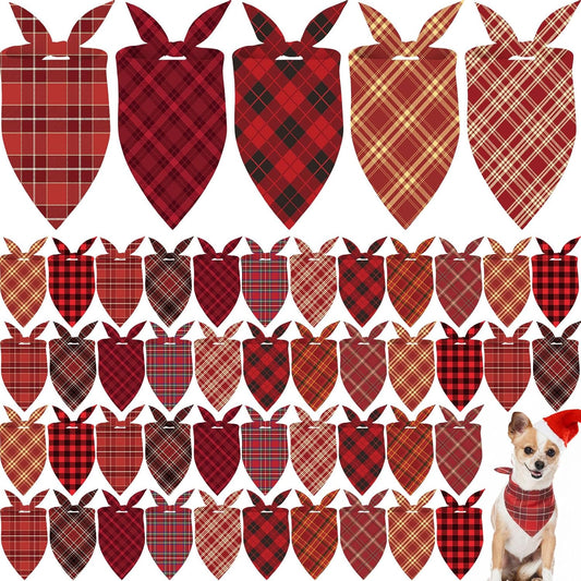 Weewooday 50 Pcs Christmas Dog Bandanas Bulk Xmas Red Buffalo Plaid Bandanas for Dogs Soft Bibs