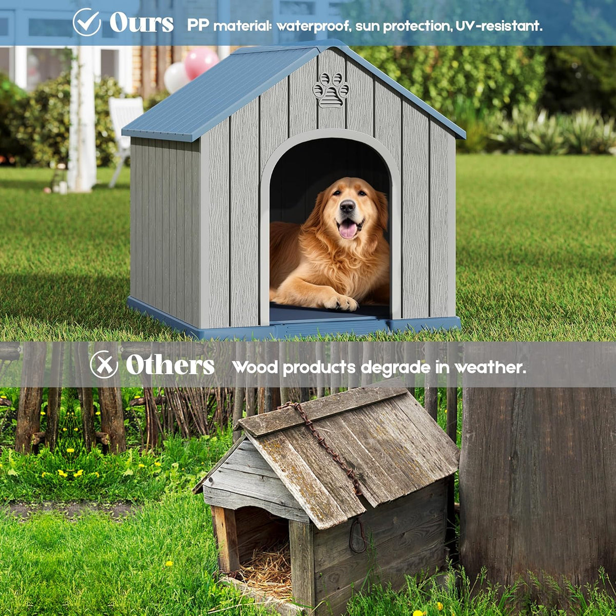 Large Dog House Outdoor Indoor for Medium Large Dogs, Durable Plastic Waterproof Doghouse with Air