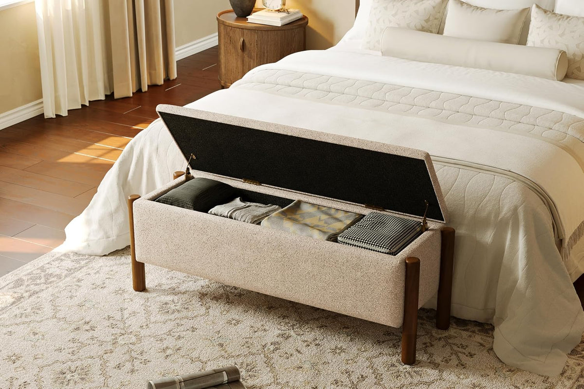 Modern Storage Benches with Walnut Wood Legs, 47'' Ottoman Bench with 20 Gallons Storage Space for