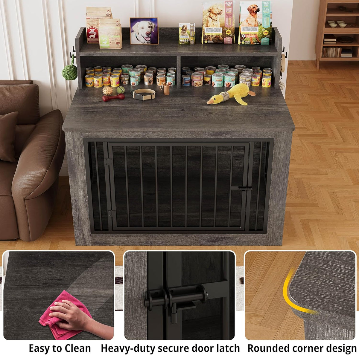 IRONCK Extra Large Dog Crate Furniture, 43.3 inches Wooden Dog Crate with Storage and 4 Hooks