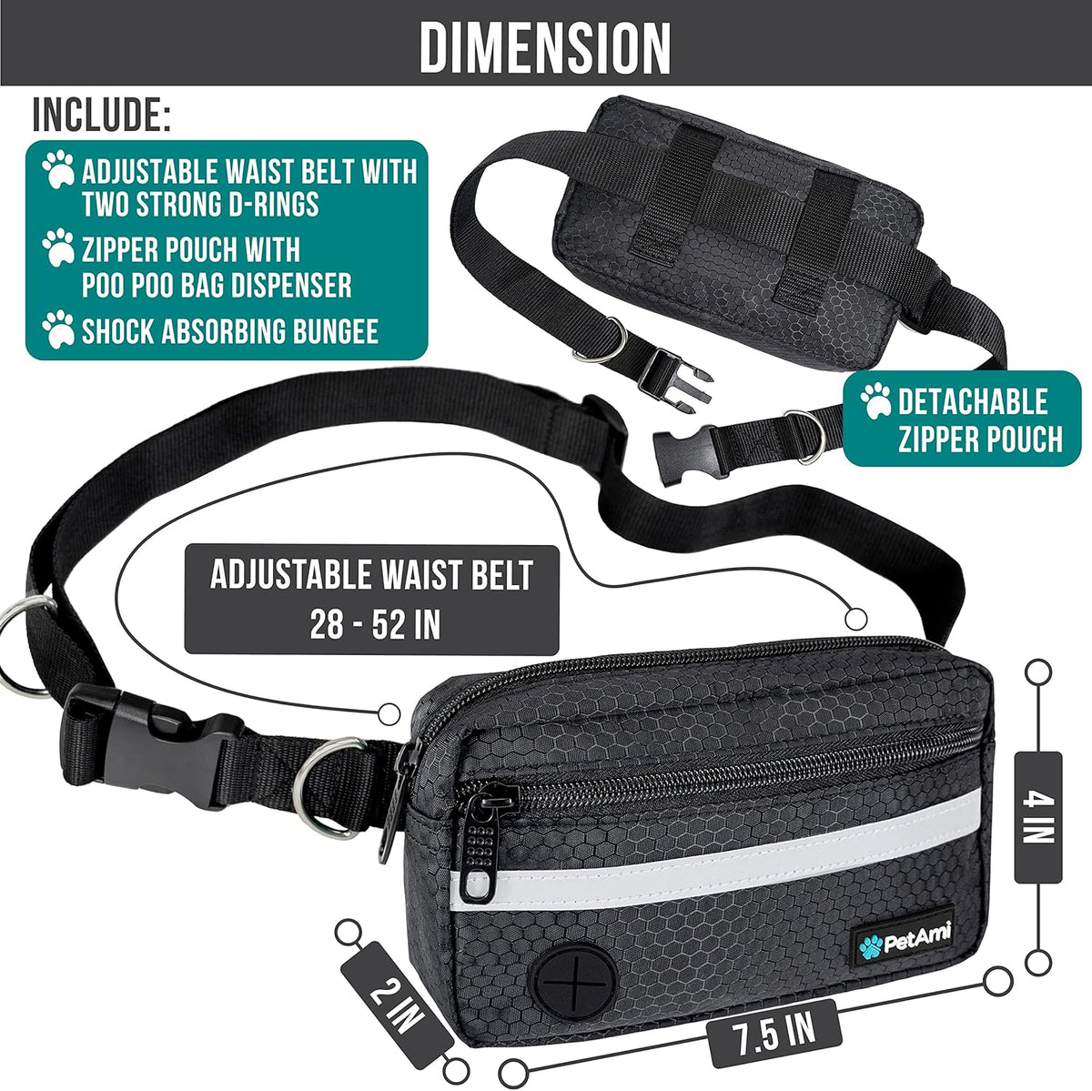PetAmi Hands Free Dog Leash, Dog Running Leash Belt for Walking Jogging, Dog Waist Zipper Pouch