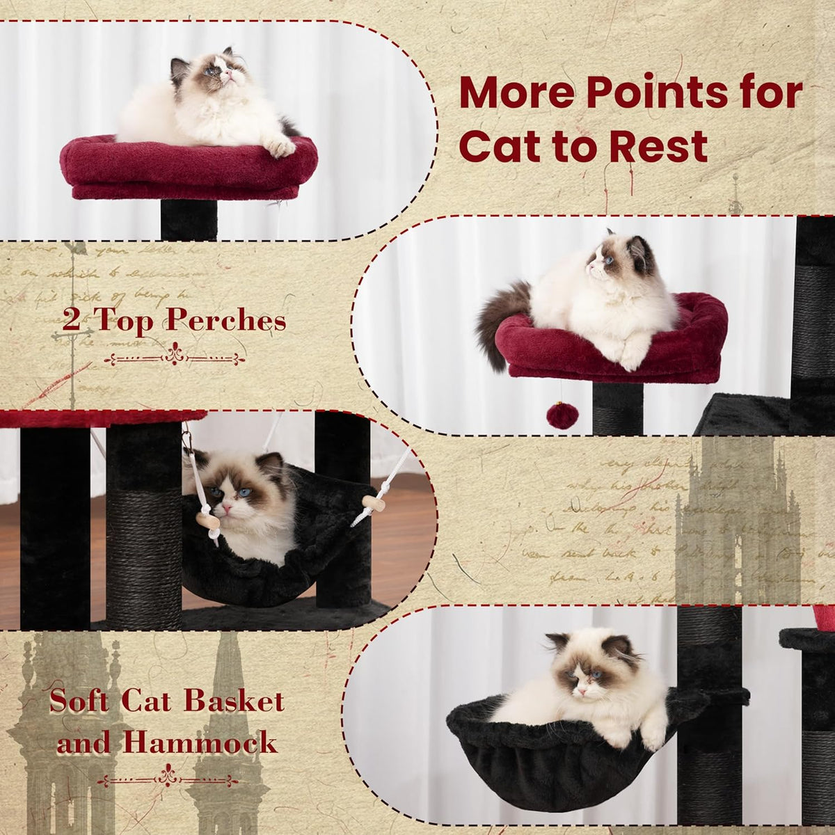 Cat Tree for Indoor Cats, 71'' (180cm) Multi-Level Cat Tower for Large Adult, Gothic Sturdy Cat