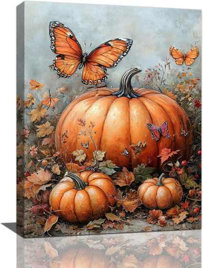 Fall Pumpkin Pictures Wall Art, Rustic Thanksgiving Bathroom Wall Decor, Farmhouse Autumn Butterfly