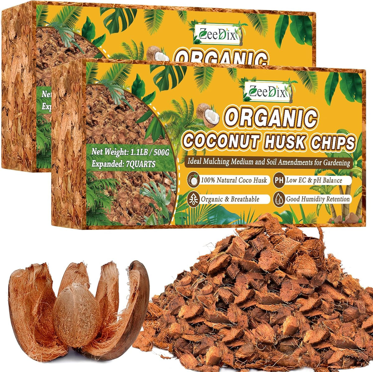 Zeedix 2 Pack Coco Husk Chips for Plants(2.2LB), 100% Organic Coconut Chips Mulch with Low EC & PH