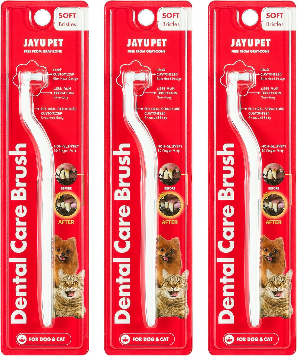 JAYU PET Dental Care Brush (Soft Bristles) 3ea - Dog Toothbrush, Cat Toothbrush, Dental Care for