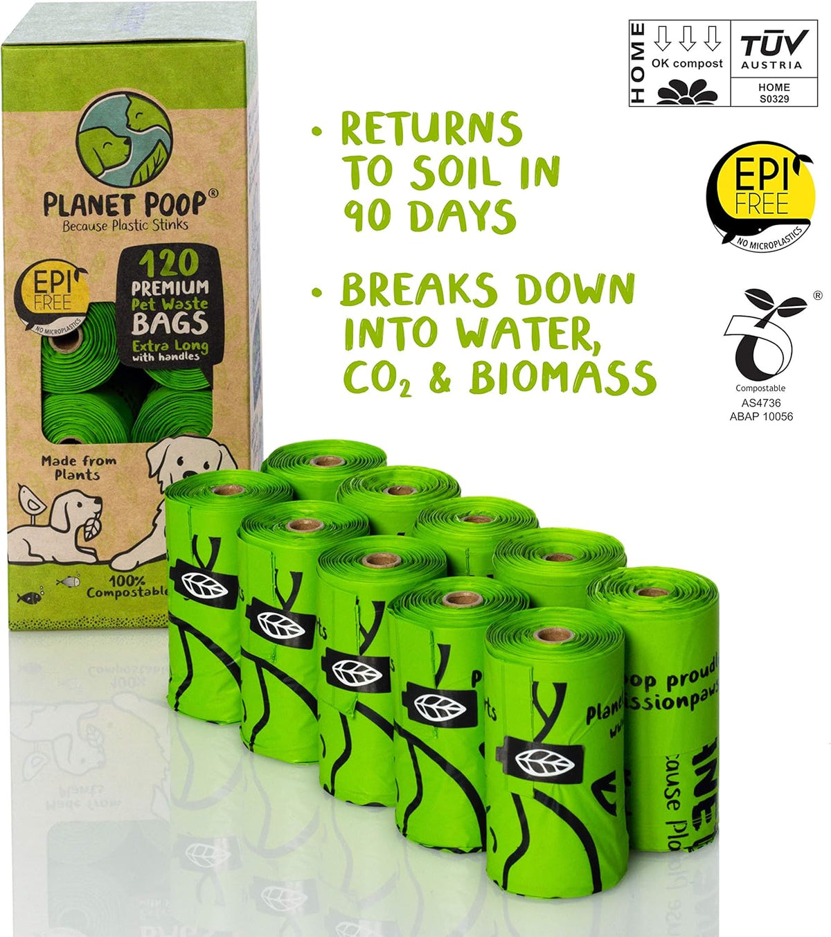 PLANET POOP Home Compostable Dog Poop Bags Extra-long with Handles 120 Un-Scented Pet Waste Bags